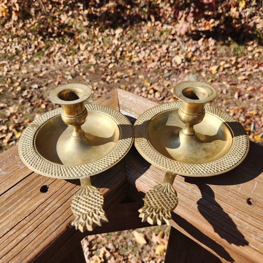 SET OF TWO Solid Brass Candlesticks With Pineapple Holders